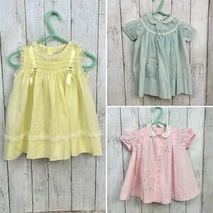 Vintage 3 set vintage baby dresses pink blue yellow 18 months